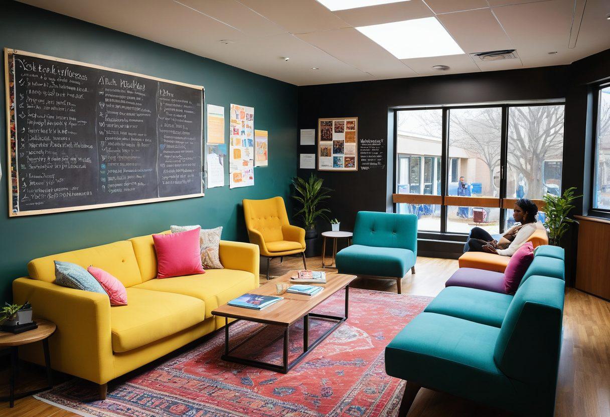 A vibrant and inviting university campus scene featuring diverse students engaging in open discussions about sexual wellness. Include a resource center with colorful pamphlets on relationship tips, a cozy lounge area for peer support, and inspirational quotes about love and self-care written on chalkboards. The atmosphere should be warm and inclusive, highlighting acceptance and understanding. super-realistic. vibrant colors. 3D.