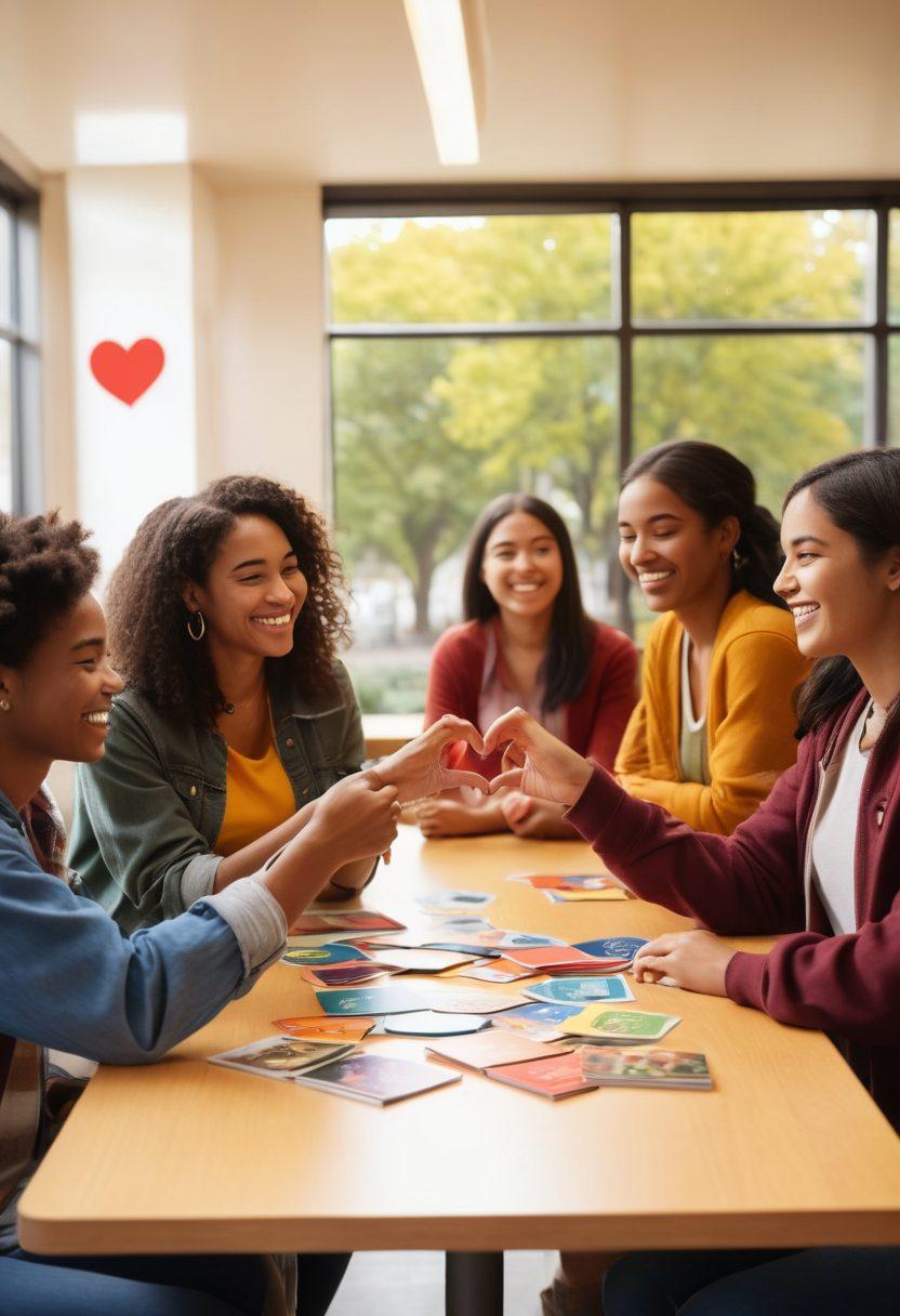 A vibrant college campus scene depicting diverse students engaging in conversation, sharing laughter, and building friendships. Include elements symbolizing connection, such as heart shapes or interlinked hands in the background. Incorporate sexual health books and resources on a table nearby, promoting awareness. The atmosphere is lively and inviting, symbolizing a supportive community. colorful and dynamic. super-realistic.